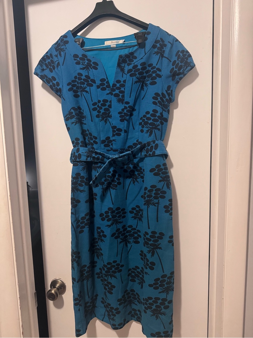 Boden Teal-Blue Floral Belted V-Neck Dress
